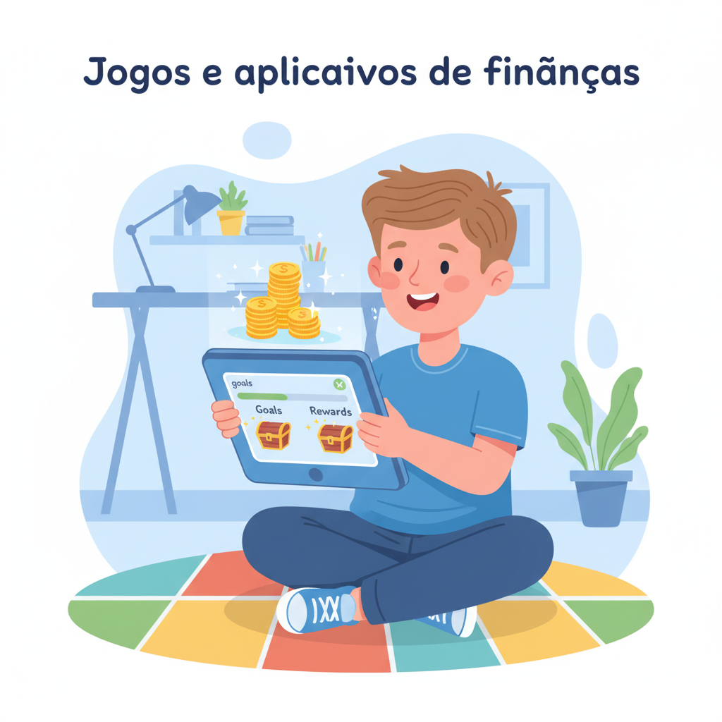 Menino sorridente sentado no chão usando um tablet com interface de jogo de finanças, onde aparecem baús de recompensas e moedas douradas.