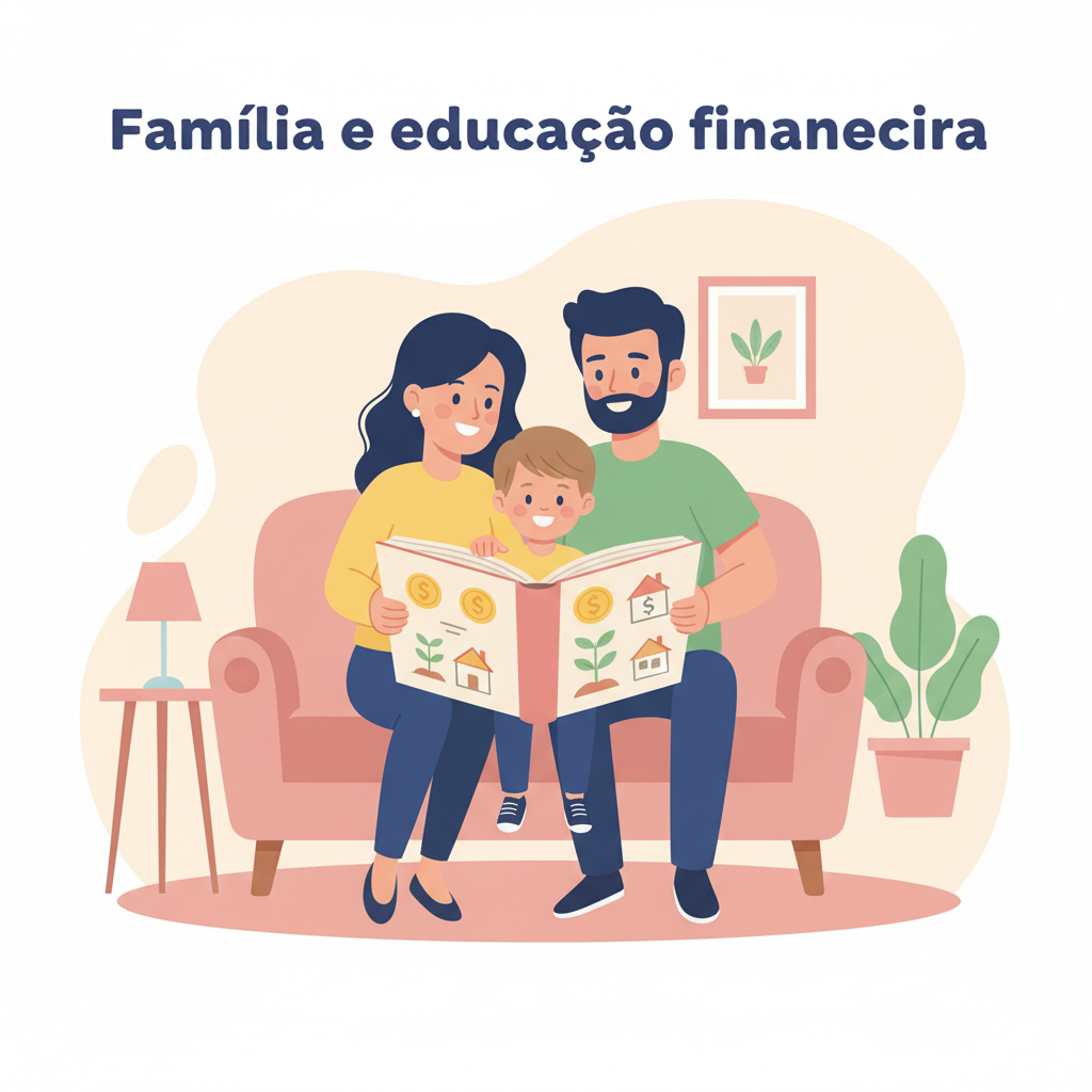 Família ensinando educação financeira para criança com livro ilustrado de dinheiro e investimentos.
