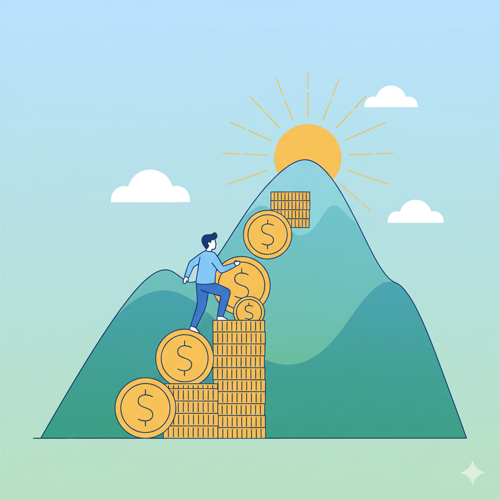 Ilustração de uma pessoa subindo uma montanha formada por moedas empilhadas com símbolo de cifrão, simbolizando crescimento financeiro e conquista de objetivos.