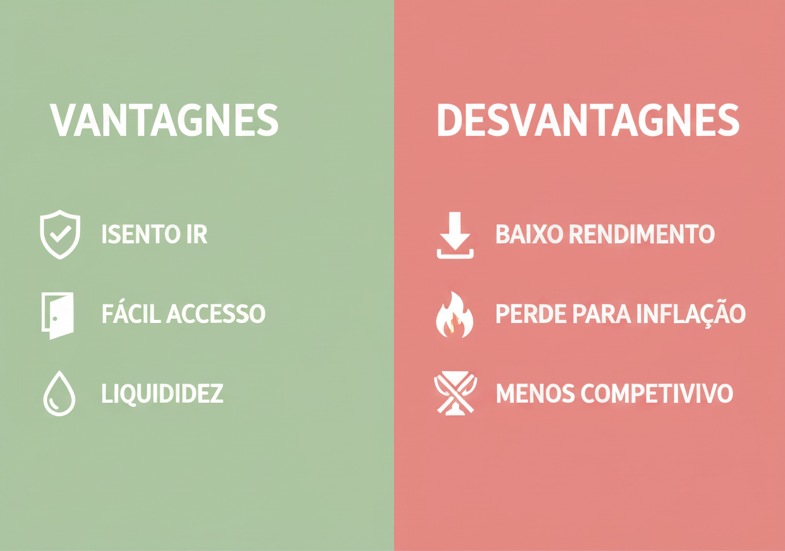 Tabela comparativa mostrando vantagens em verde e desvantagens em vermelho da poupança.