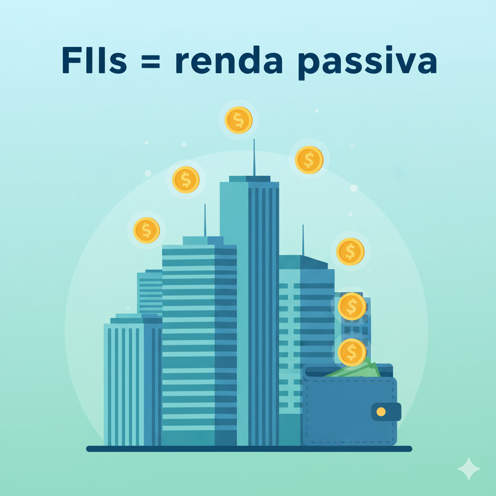Ilustração de prédios altos com moedas douradas caindo em direção a uma carteira, simbolizando fundos imobiliários (FIIs) e geração de renda passiva.