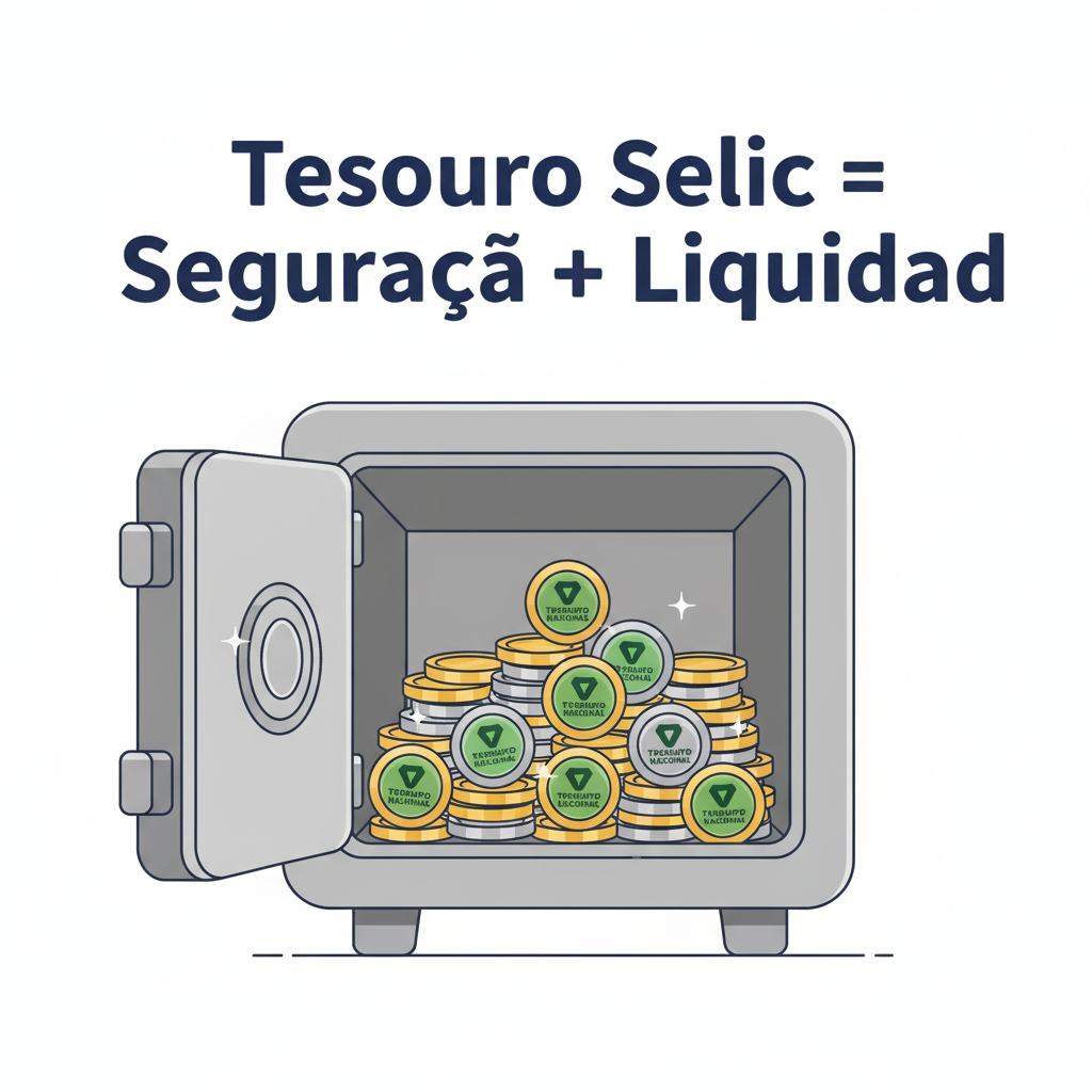 Cofre aberto contendo moedas douradas e prateadas com o selo do Tesouro Nacional, representando segurança e liquidez do Tesouro Selic.
