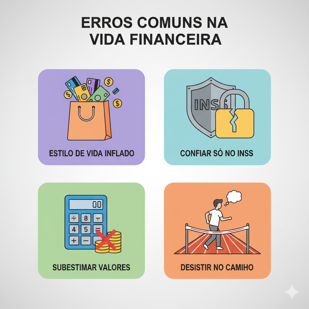 Erros comuns na vida financeira como estilo de vida inflado, confiar só no INSS, subestimar valores e desistir no caminho.