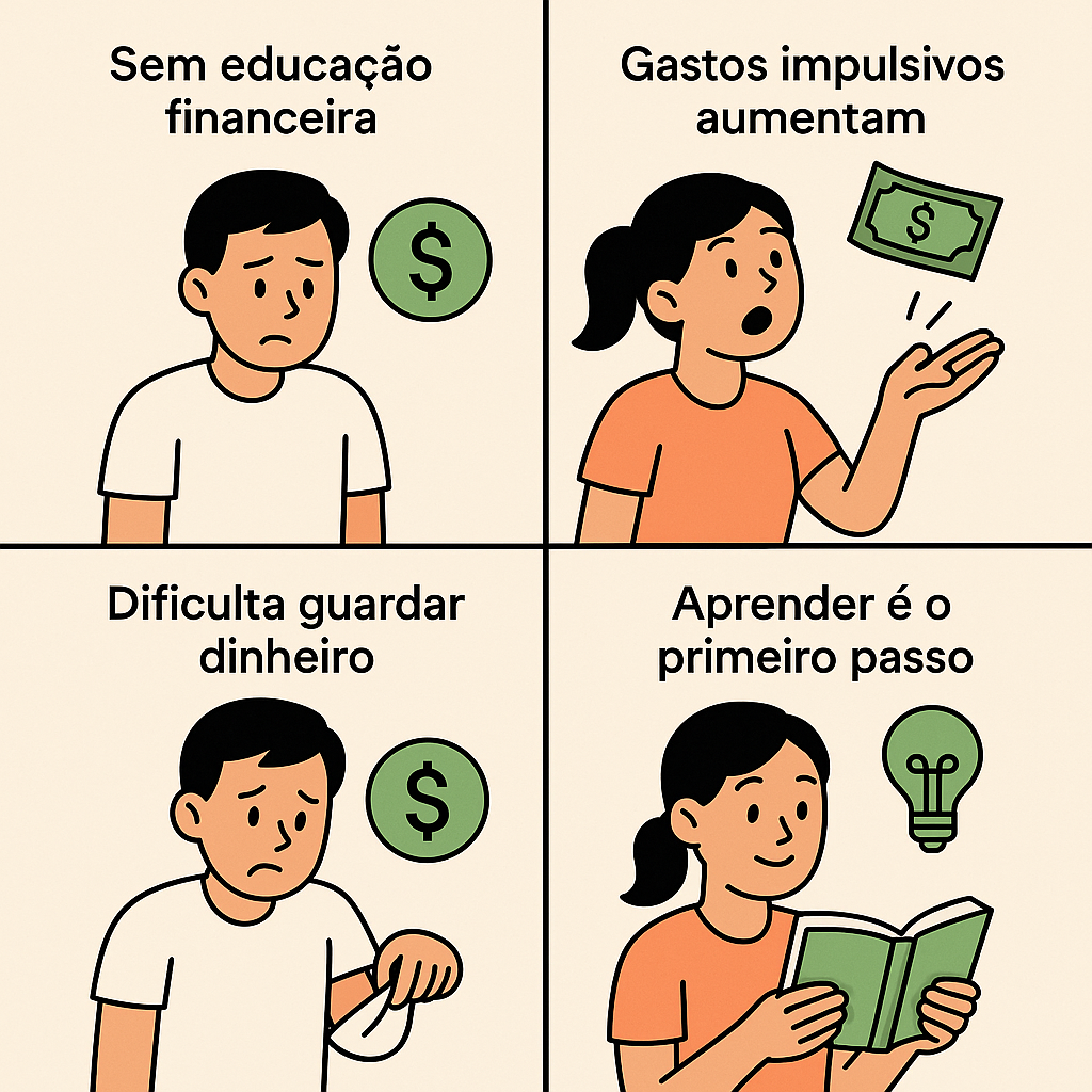 Ilustração em quatro quadros mostrando pessoas com dificuldades financeiras e aprendendo sobre dinheiro, com frases como “Sem educação financeira”, “Gastos impulsivos aumentam”, “Dificulta guardar dinheiro” e “Aprender é o primeiro passo”.