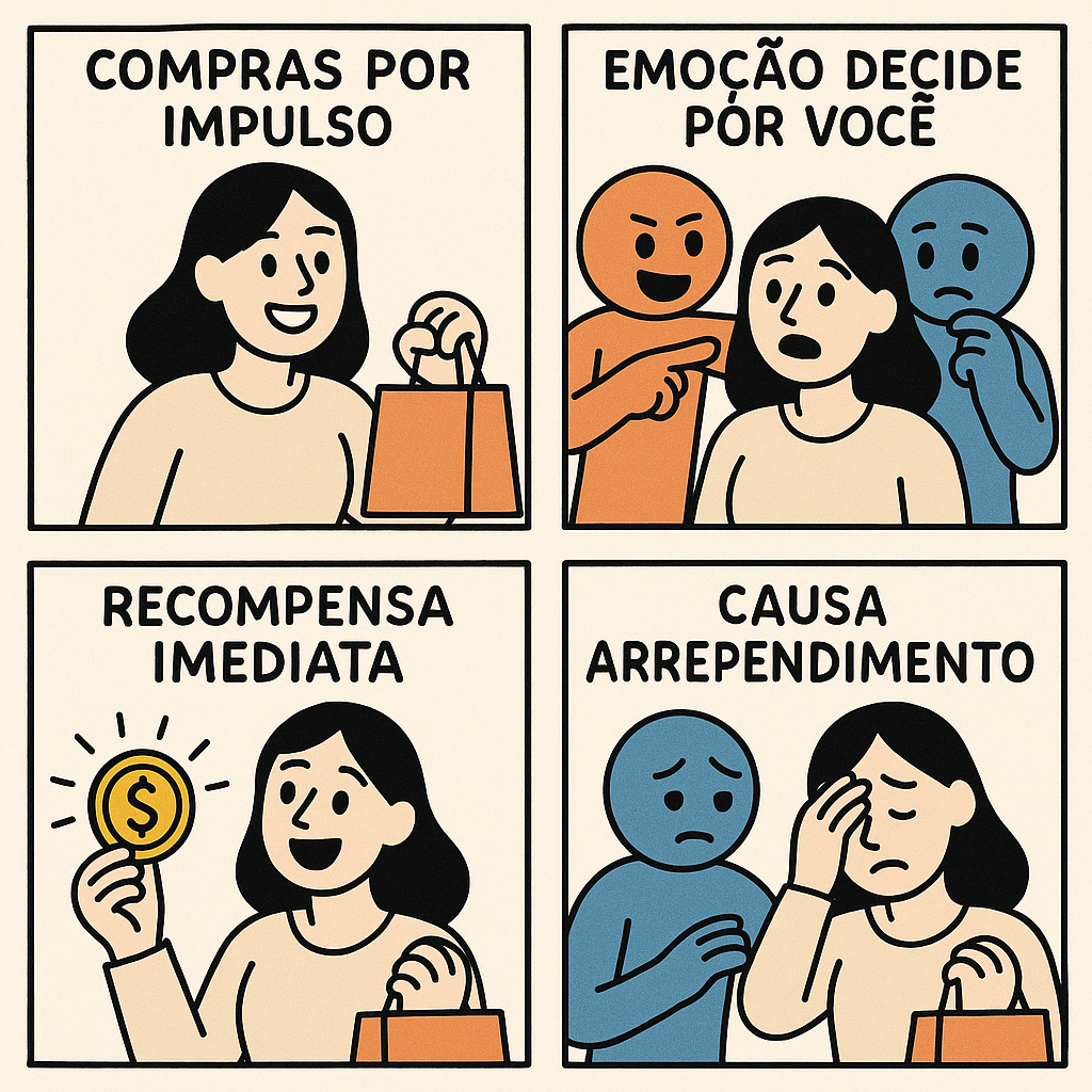 Quadrinho ilustrado mostrando uma mulher realizando compras por impulso, influenciada pela emoção, recebendo recompensa imediata e depois sentindo arrependimento.