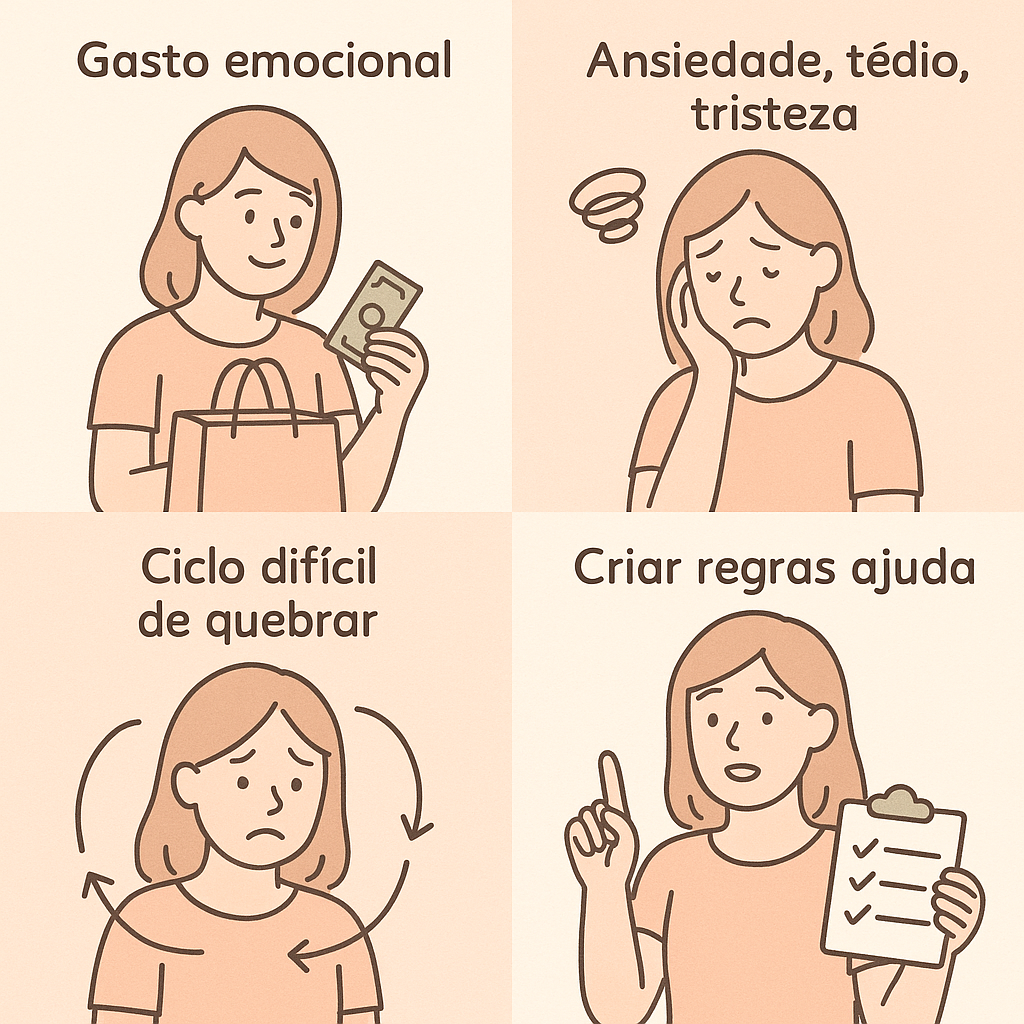 Quadrinho ilustrado mostrando o ciclo do gasto emocional: compra motivada por emoções, sentimento de ansiedade ou tristeza, repetição do ciclo e criação de regras como solução.