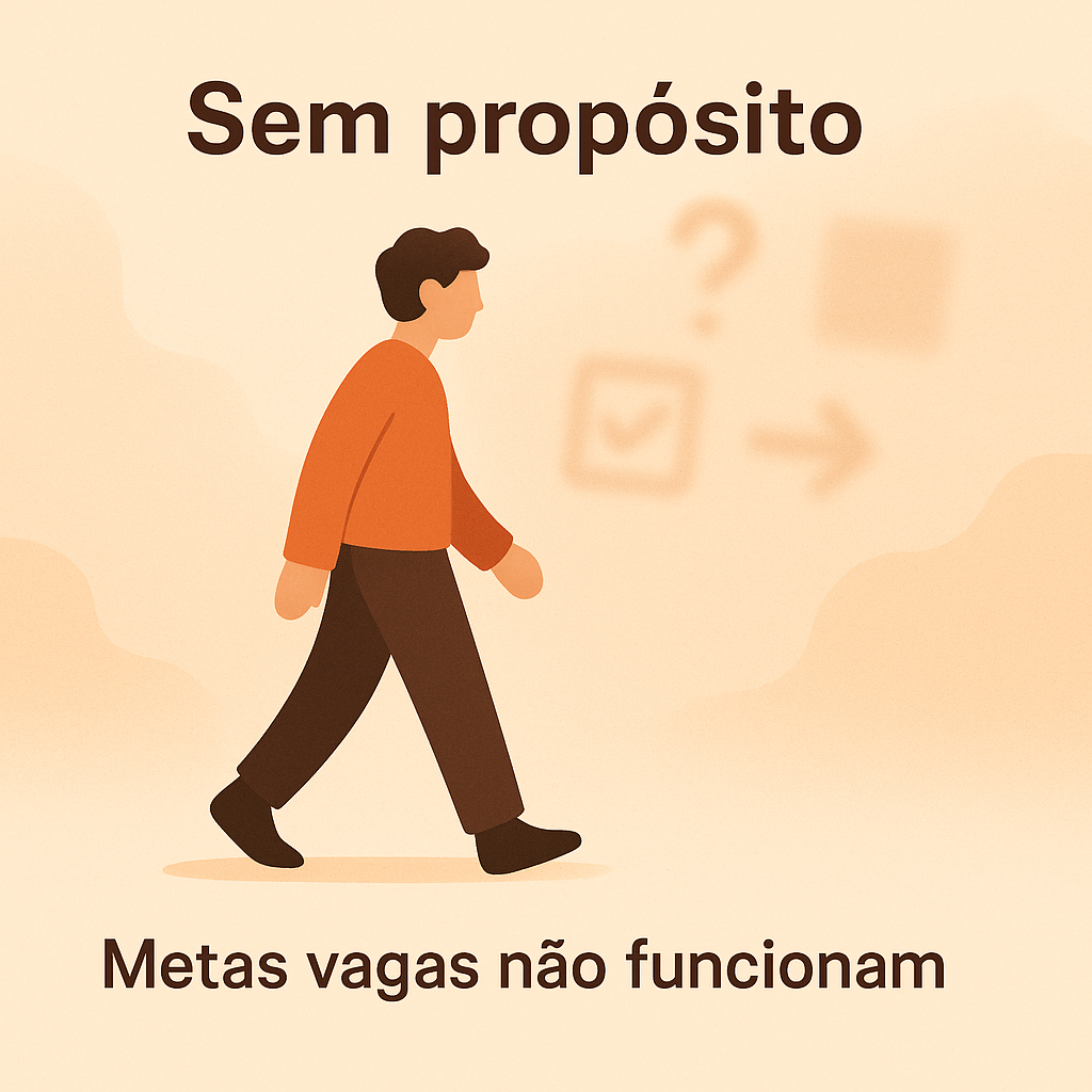 Ilustração de um homem caminhando sem direção com o texto