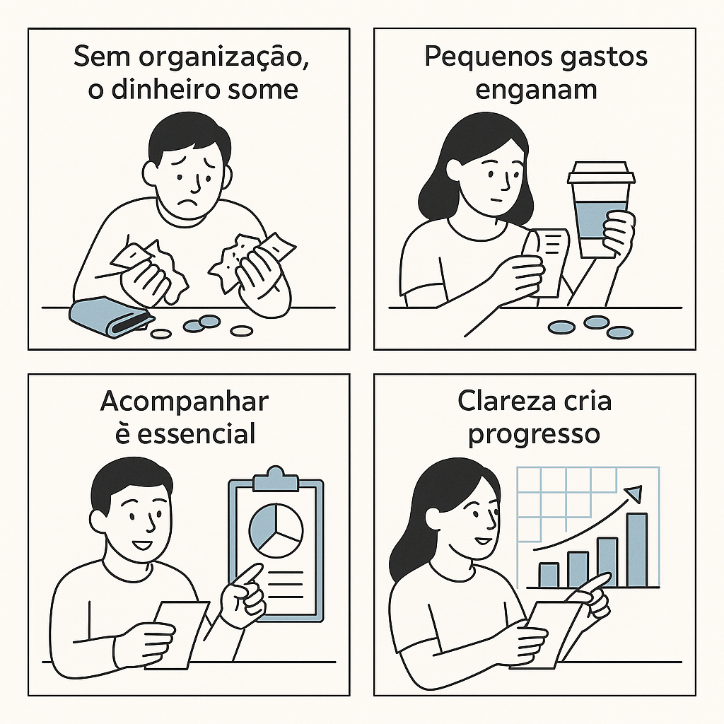 Ilustração em quatro quadros mostrando conceitos de finanças pessoais: falta de organização, pequenos gastos, importância de acompanhar despesas e como a clareza gera progresso.