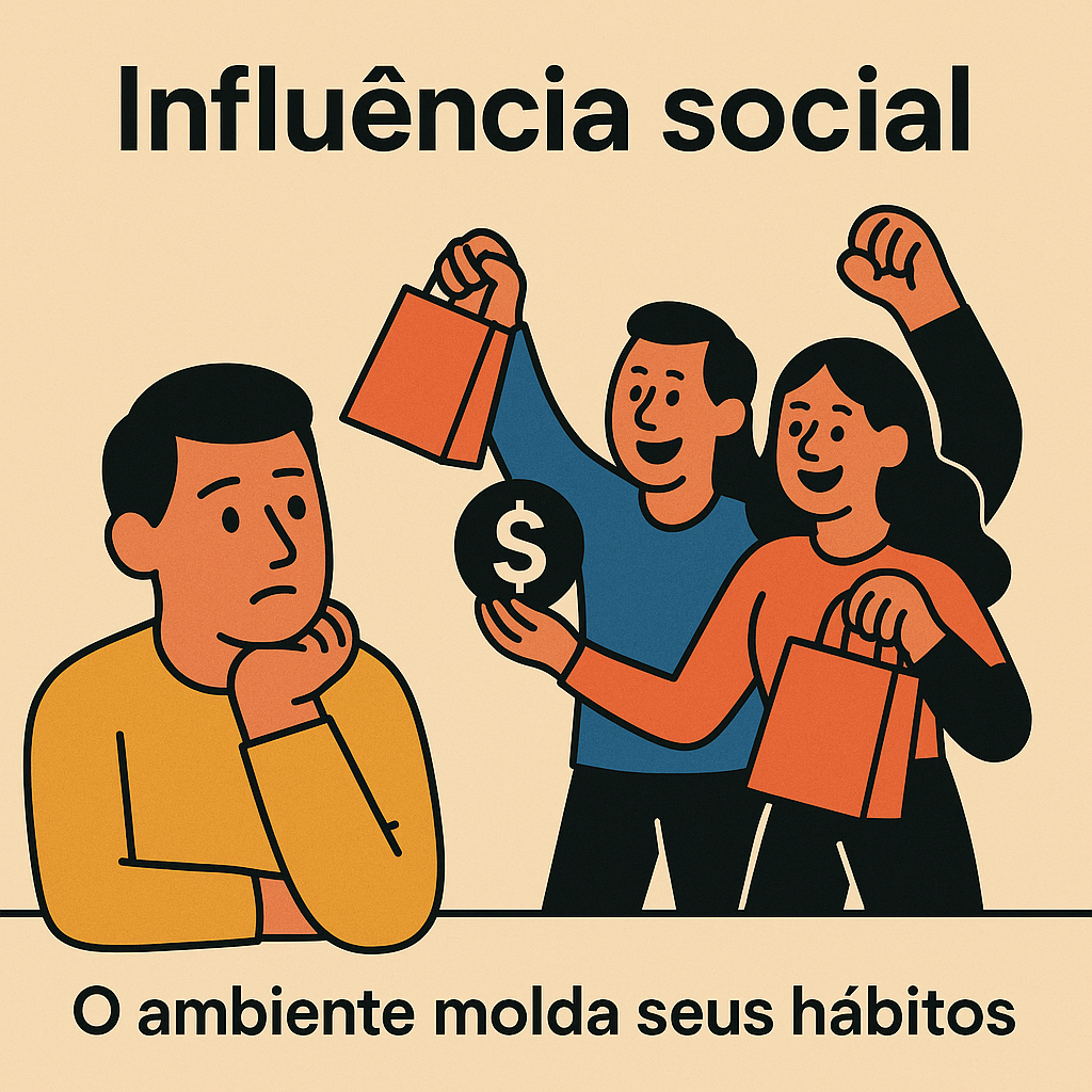 Ilustração mostrando um homem pensativo enquanto outras pessoas ao redor exibem sacolas de compras e símbolos de dinheiro, representando influência social sobre hábitos financeiros.