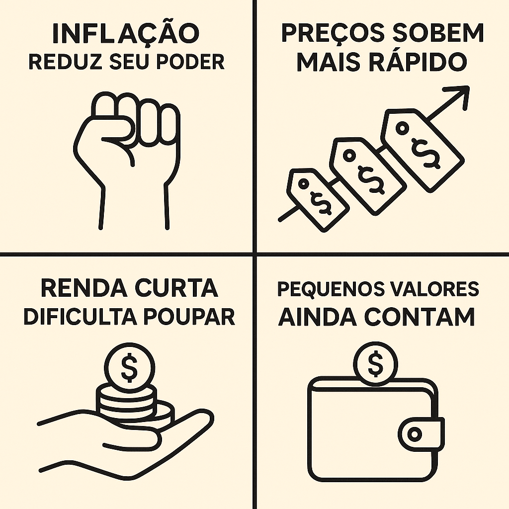 Ilustração com quatro quadros explicando os efeitos da inflação: perda de poder de compra, preços subindo rápido, dificuldade de poupar com renda curta e importância de pequenos valores.