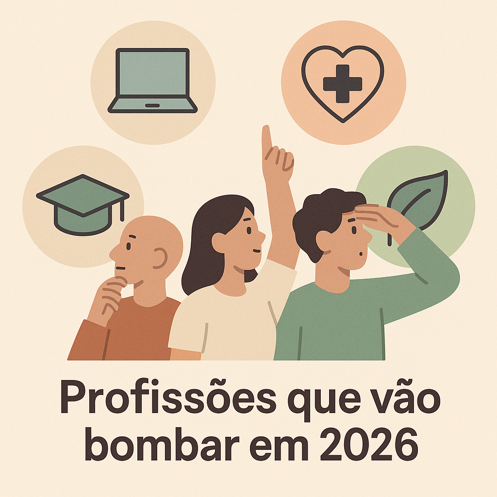 Ilustração de três pessoas apontando para ícones de profissões com o texto “Profissões que vão bombar em 2026”.