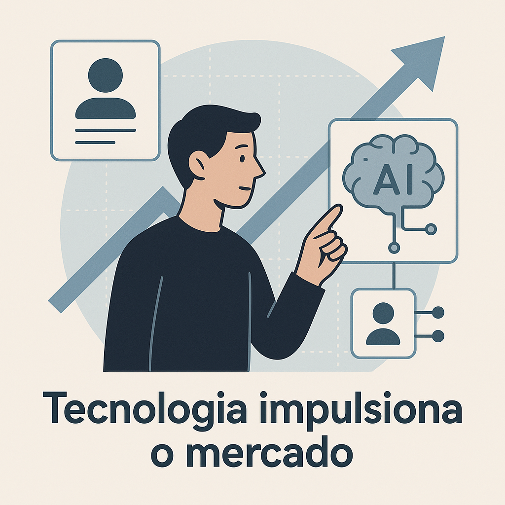Ilustração de um homem apontando para um ícone de inteligência artificial com o texto