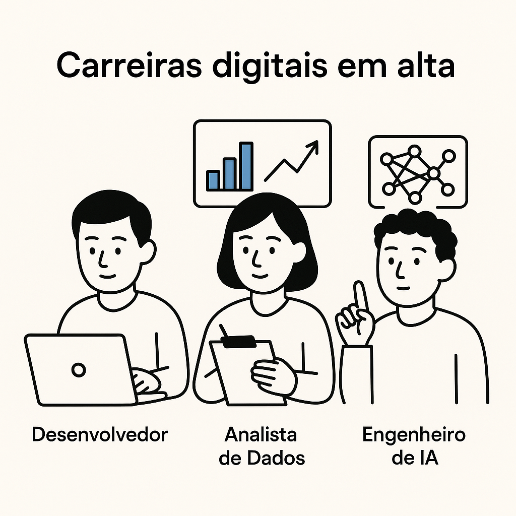 Ilustração de três profissionais representando carreiras digitais em alta: desenvolvedor, analista de dados e engenheiro de inteligência artificial.