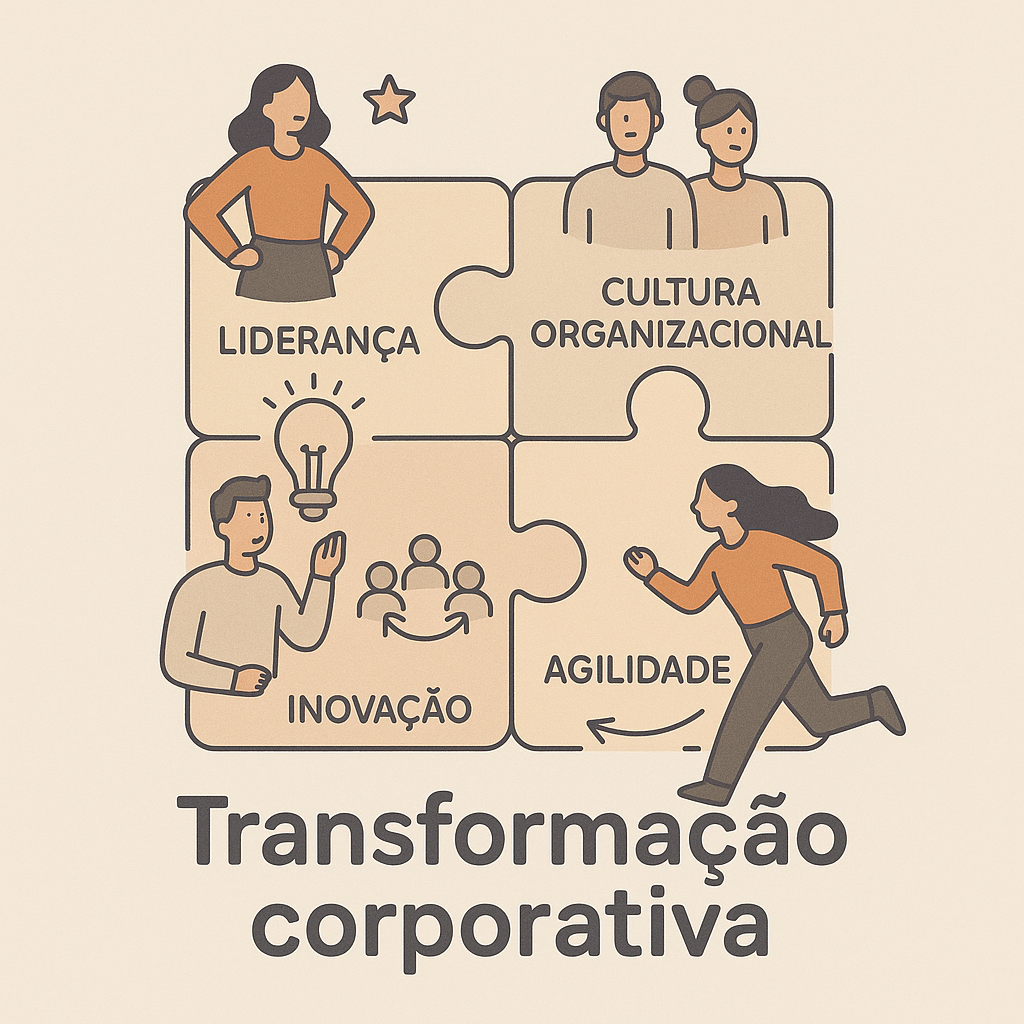 Ilustração sobre transformação corporativa com peças de quebra-cabeça mostrando liderança, cultura organizacional, inovação e agilidade.