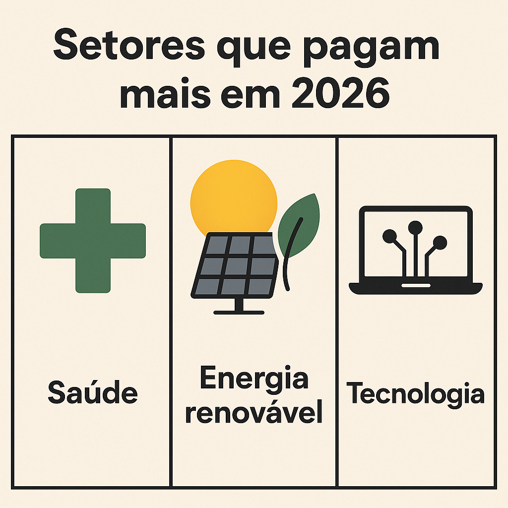 Ilustração dos setores que pagam mais em 2026: saúde, energia renovável e tecnologia.