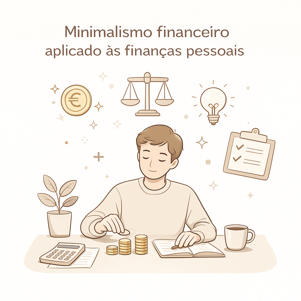Ilustração de uma pessoa organizando moedas sobre a mesa, com símbolos de equilíbrio, planejamento e simplicidade financeira ao redor.