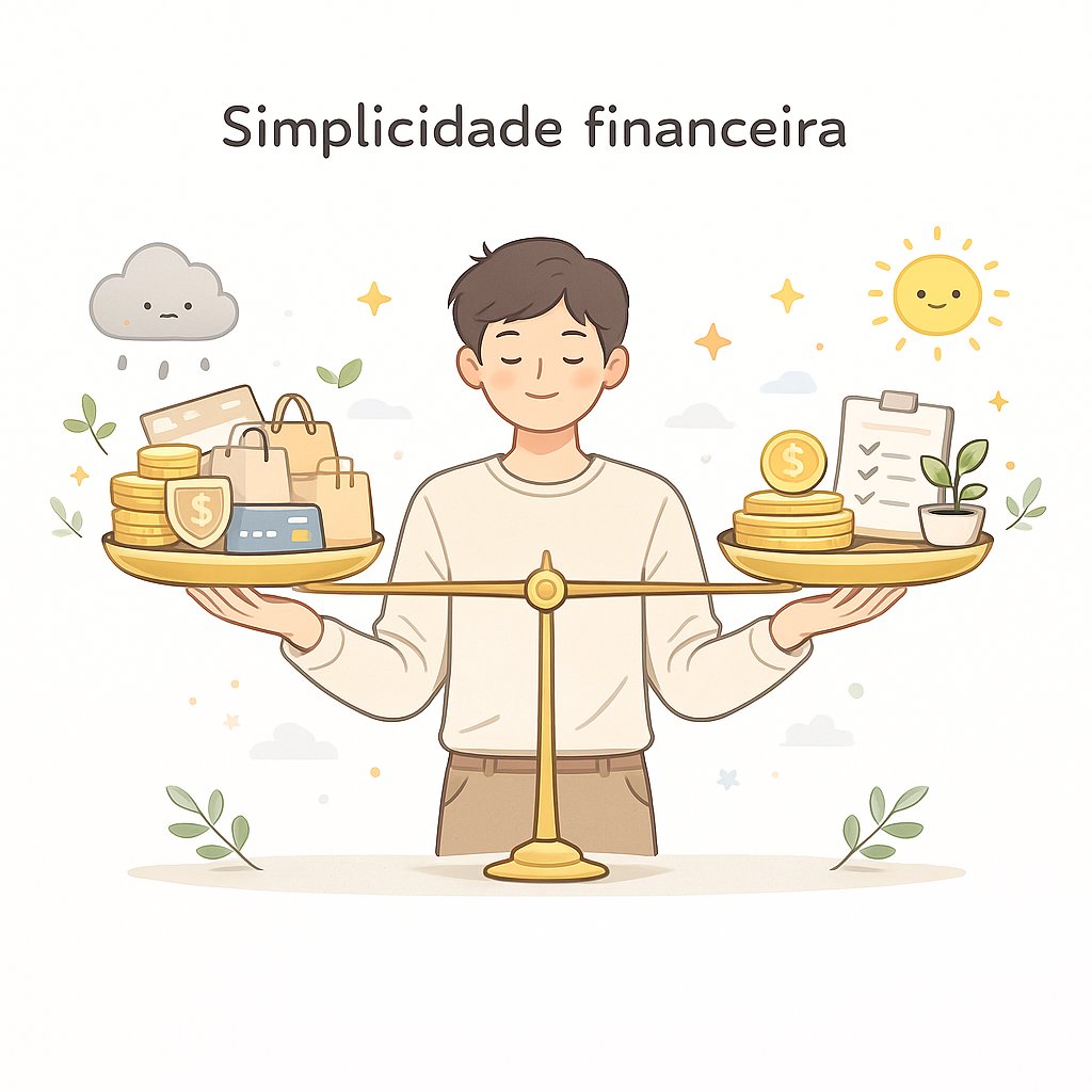 Ilustração de uma pessoa equilibrando uma balança entre consumo e organização financeira, representando simplicidade e equilíbrio.