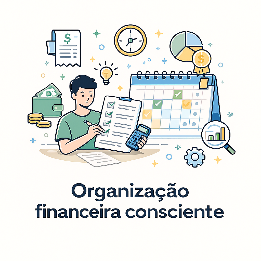 Ilustração de uma pessoa organizando finanças com checklist, calendário e calculadora, representando planejamento financeiro consciente.