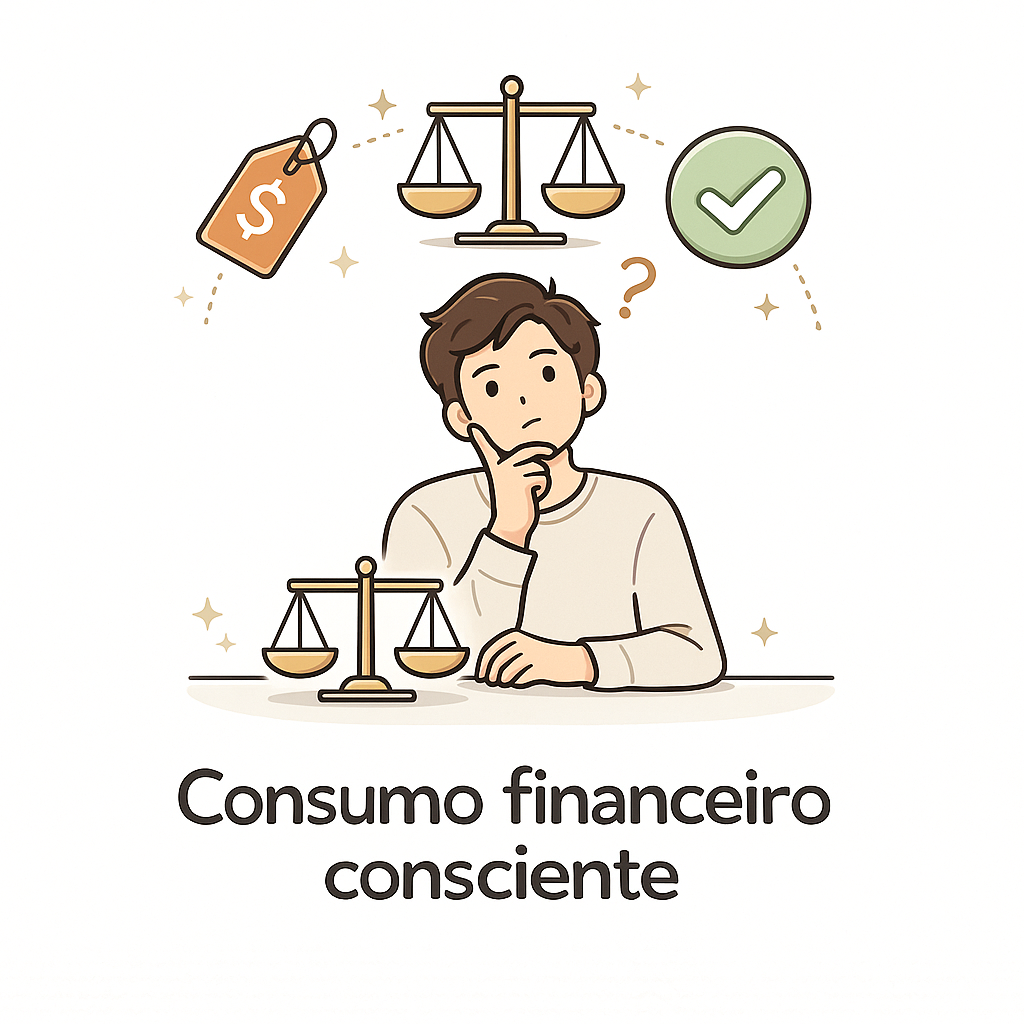 Ilustração de uma pessoa refletindo sobre decisões de consumo, com balanças, etiqueta de preço e símbolo de verificação, representando consumo financeiro consciente.