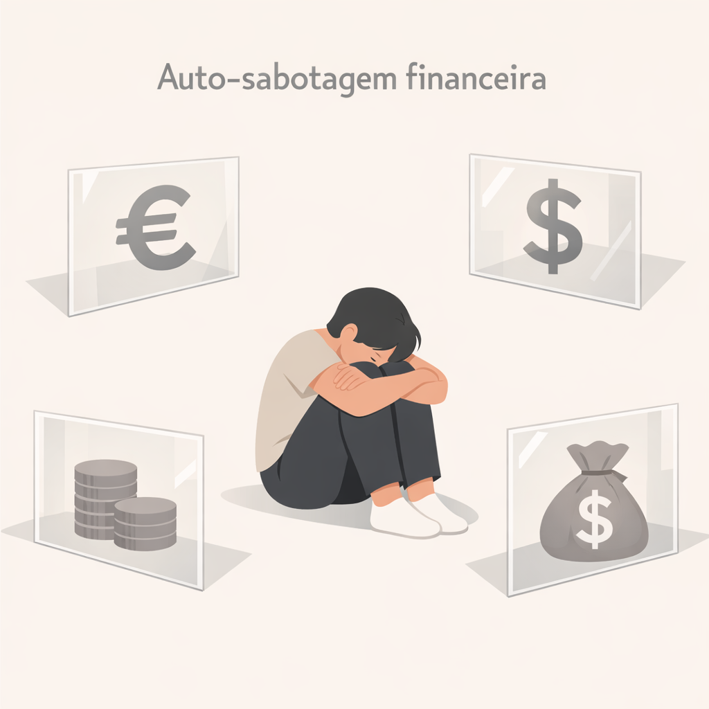 Ilustração de uma pessoa sentada no chão, encolhida e triste, cercada por símbolos de dinheiro, moedas e valores, representando a auto-sabotagem financeira.