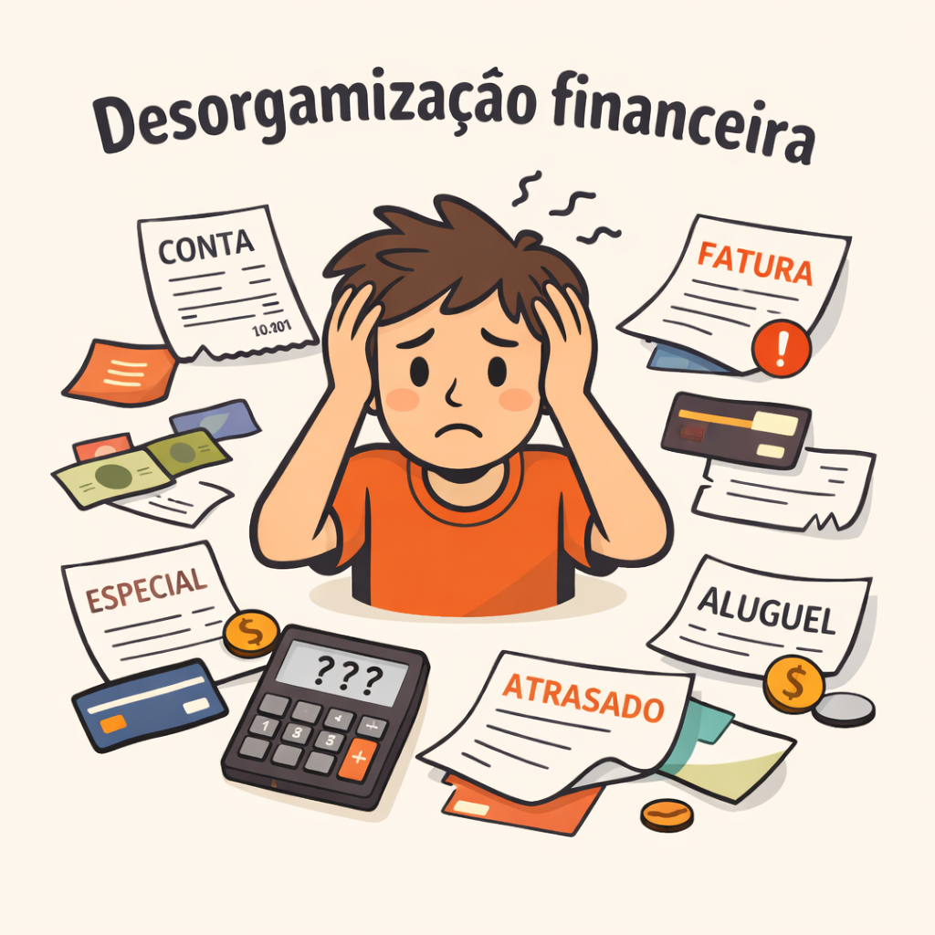 Ilustração de uma pessoa com expressão de preocupação, segurando a cabeça, cercada por contas, faturas, cartões, calculadora e papéis financeiros espalhados, representando desorganização financeira.