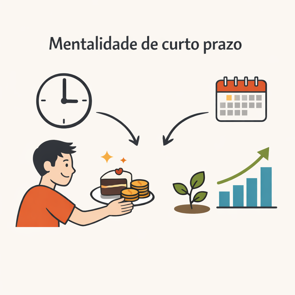 Ilustração de uma pessoa escolhendo recompensa imediata em vez de investimento de longo prazo, representando mentalidade de curto prazo e decisões financeiras impulsivas.