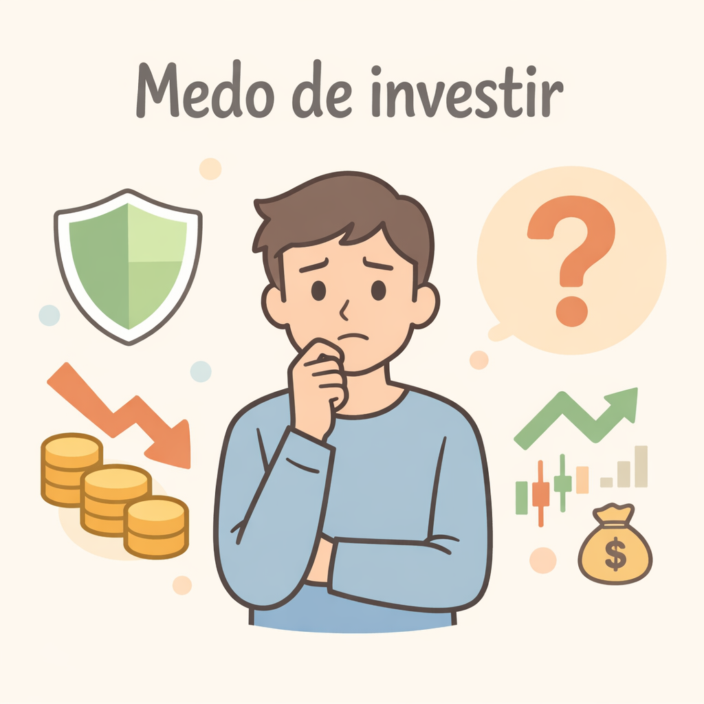Ilustração de uma pessoa insegura diante de decisões financeiras, representando o medo de investir, a incerteza sobre riscos e a dificuldade de começar a investir.